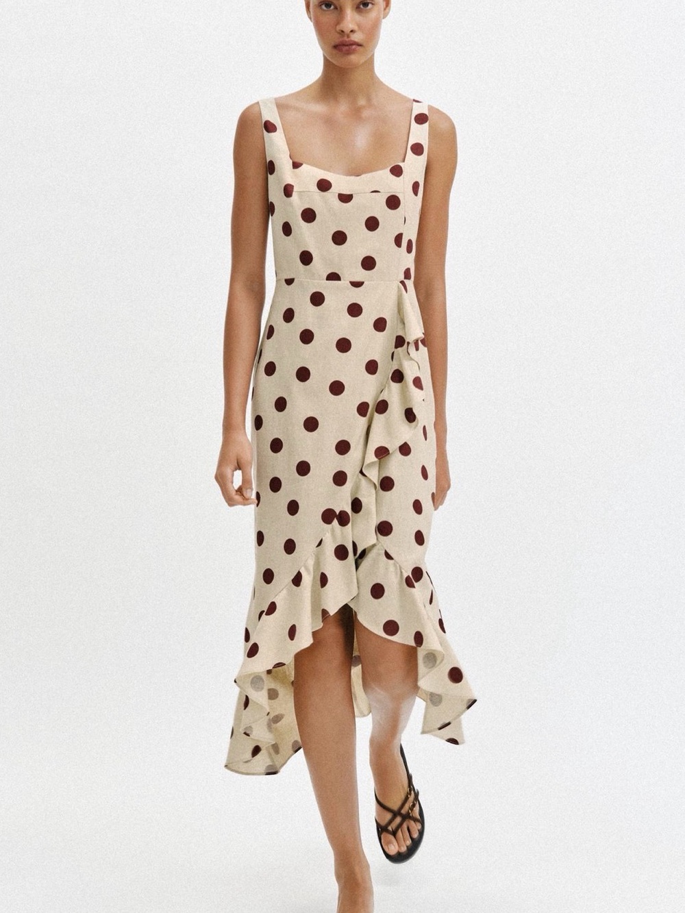 Zara Cream Dress with Brown Polka Dots and Ruffle High-Low Hem